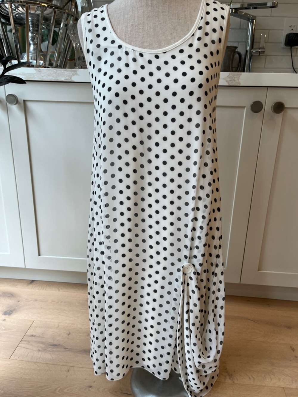 Kokomarina White Polka Dot Scoop Neck Sleeveless A-Line dress with black dots